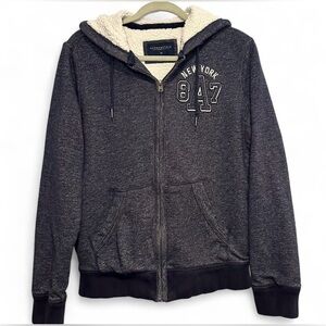 Women’s Aeropostale 2010’s Navy Blue Sherpa Lined Zip Up Logo Hoodie Size Small